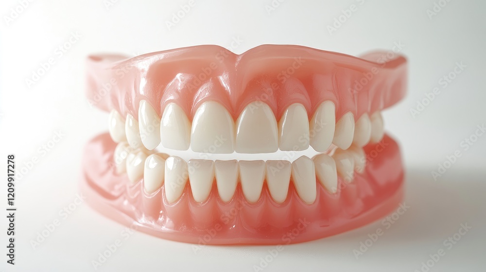 Close-up of perfectly aligned, sparkling white teeth, clean and healthy, with a soft pink gum line on a white background. Close-up of perfectly aligned, sparkling white teeth, clean and healthy, with a soft pink gum line on a white background.
