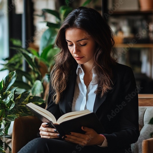 Business professional reading a book indoors surrounded by greenery in modern office setting