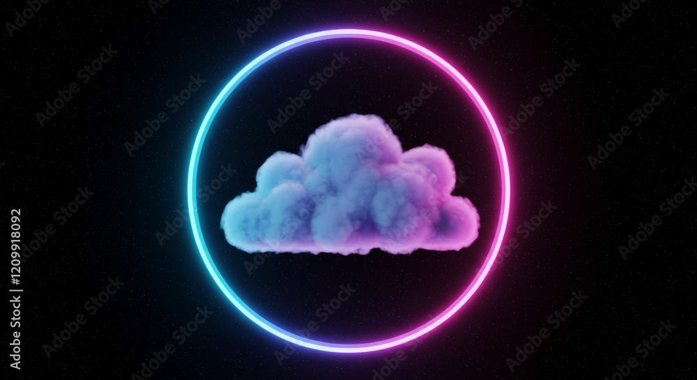 Fototapeta premium Glowing geometric round frame encircling a luminous 3D cloud against a dark, starry backdrop, offering a dreamy and modern visual appeal.