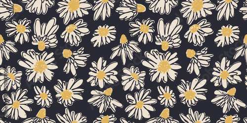 Seamless pattern with hand drawn black and white ditsy scribble flowers. Vintage inky bold florals repeat texture. Modern minimalist daisy blooms wallpaper.