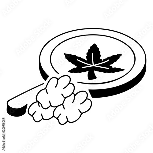 weed botanical research isometric vector icon,Cannabis and marijuana symbol, cannabinoids sign, healthcare Herb illustration, Analyzing Hemp Strains with magnifying glass concept