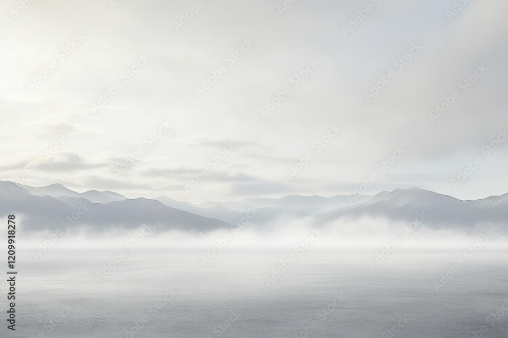 Serene landscape with mountains and mist over calm water, evoking tranquility and reflection. Serene landscape with mountains and mist over calm water, evoking tranquility and reflection.