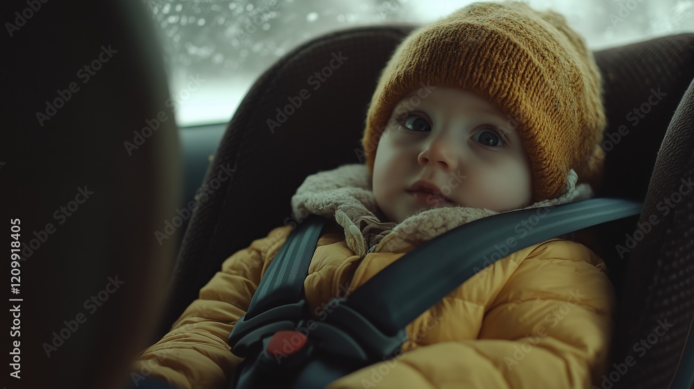 A young child smiles comfortably from a secure car seat as the family embarks on a holiday road trip. A young child smiles comfortably from a secure car seat as the family embarks on a holiday road trip.