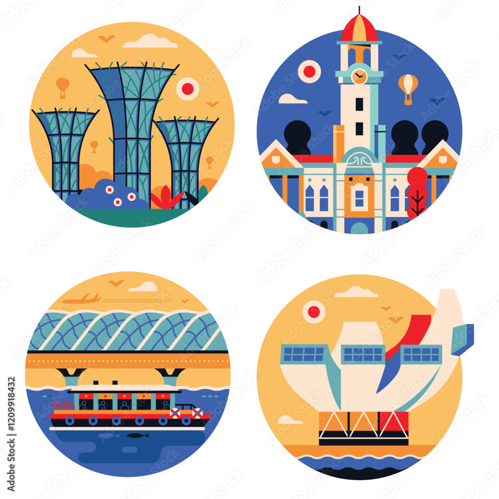 Singapore Architectural Landmarks Circle Icons