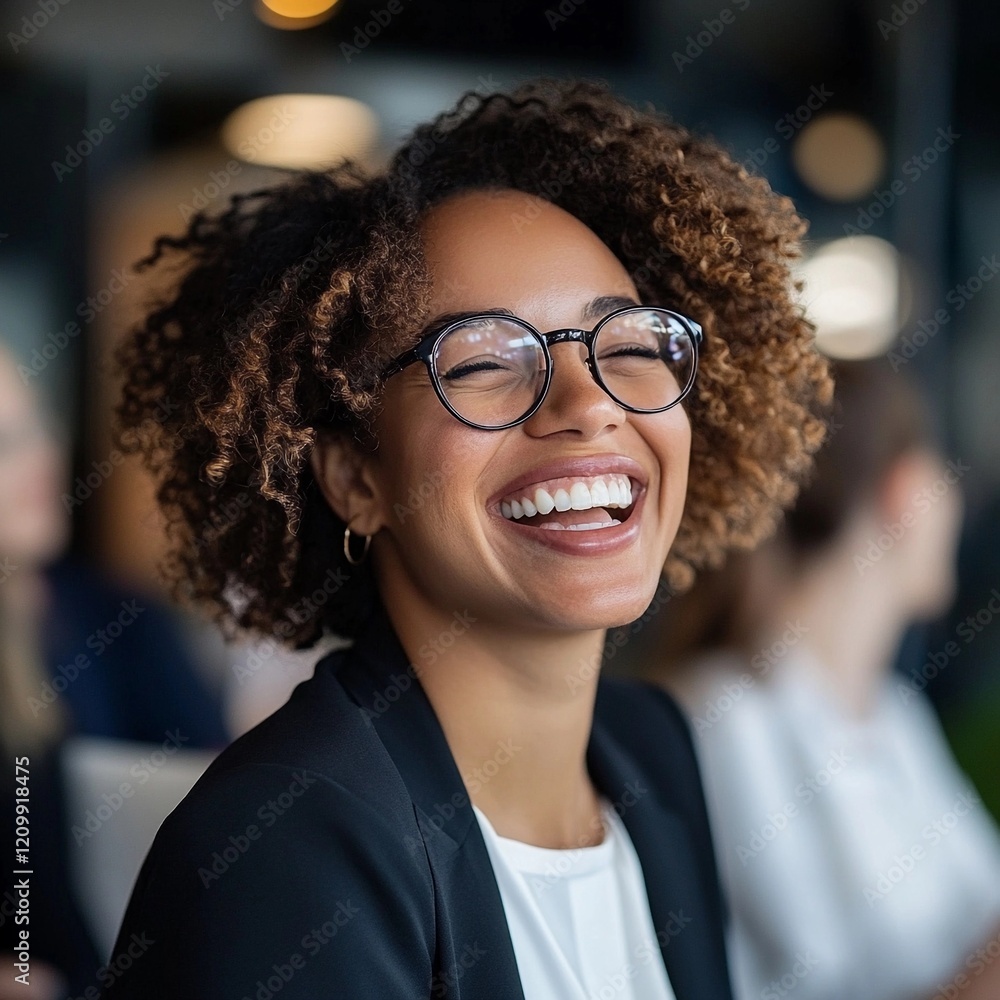 Joyful woman with curly hair laughing in a modern office setting during a team meeting Joyful woman with curly hair laughing in a modern office setting during a team meeting