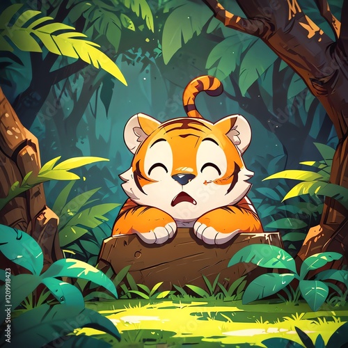 Adorable Tiger Cub in Lush Jungle Habitat photo