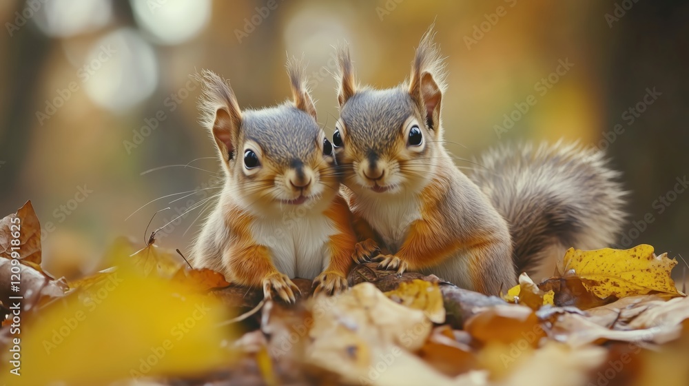 Among the golden foliage of fall, the two squirrels glance up at the camera, their quirky poses adding a delightful touch to the seasonal scene. Among the golden foliage of fall, the two squirrels glance up at the camera, their quirky poses adding a delightful touch to the seasonal scene.