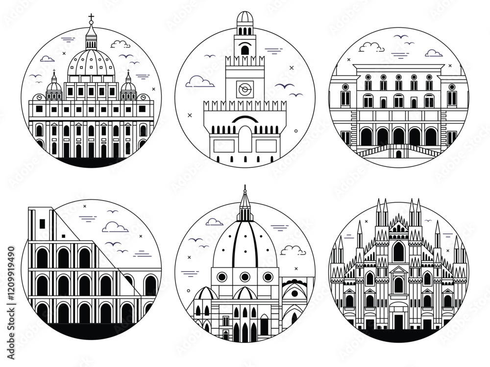 Italy Travel Circle Icon in Line Art