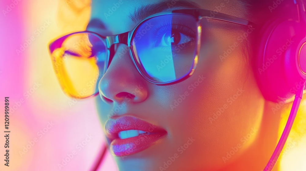 Close-up of businesswoman wearing headset in call center, vibrant and professional, bright and dynamic, high detail, collaborative and productive, sleek environment Close-up of businesswoman wearing headset in call center, vibrant and professional, bright and dynamic, high detail, collaborative and productive, sleek environment