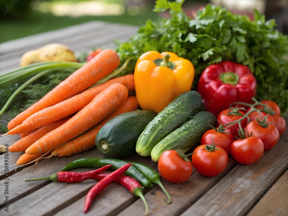 Fresh Vibrant Vegetables on Wooden Surface Fresh Vibrant Vegetables on Wooden Surface