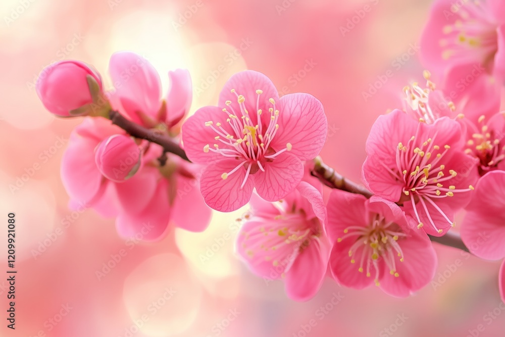 Pink peach blossoms blooming on a branch in spring Pink peach blossoms blooming on a branch in spring