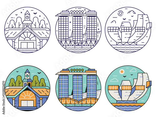 Singapore Landmarks and Symbols Line Icons