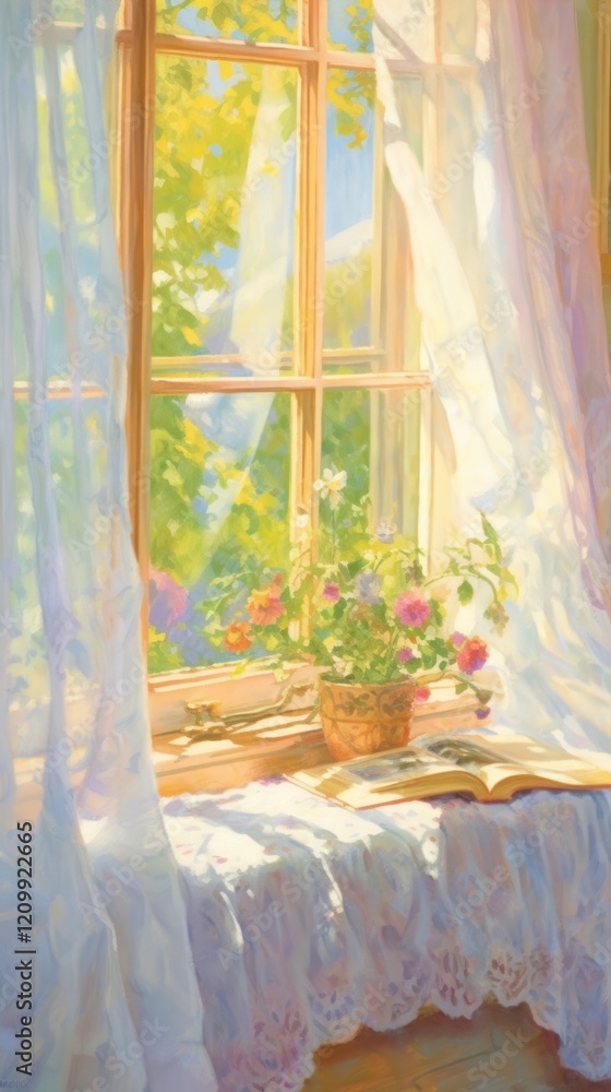 A white cutain at the window painting publication windowsill