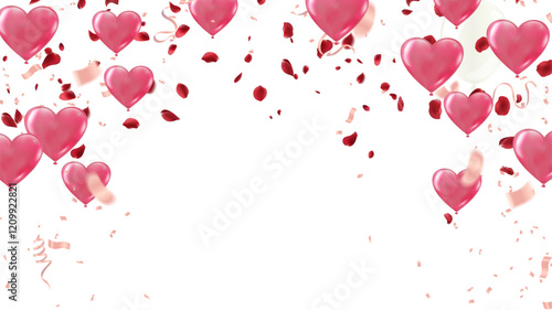 Falling hearts valentine card template. Red hearts scattered on white background With rose petals . Chaotic falling hearts vector illustration