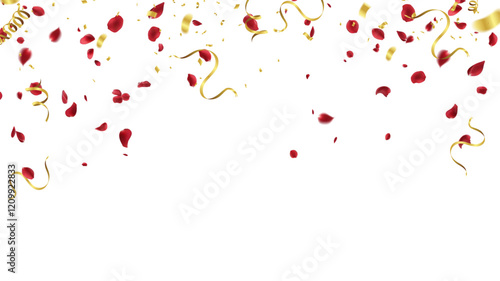 Rose petals or sakura flying petals, confetti and streamers romantic background with realistic pink cherry flower petals flow or falling motion