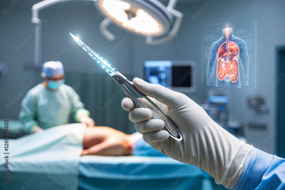 hand holds a high-tech scalpel against the background of an operating table hand holds a high-tech scalpel against the background of an operating table