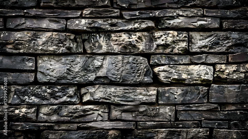 A textured wall made of dark, layered stone bricks, showcasing natural patterns. A textured wall made of dark, layered stone bricks, showcasing natural patterns.