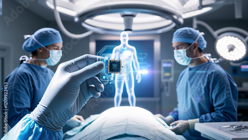 hand holds a chip against the background of an operating table