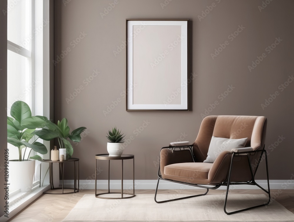 room interior design with mock up poster frame, metal shelf, armchair and personal accesories. Mocha room interior design with mock up poster frame, metal shelf, armchair and personal accesories. Mocha