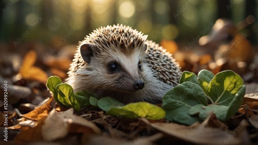 Fototapeta premium A hedgehog resting on fallen leaves with greenery in a serene forest setting.