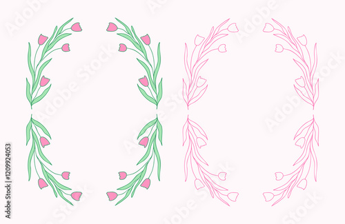 Floral hand-drawn vector frames with subtle tulip flowers and fresh leaves for elegant and nature-inspired designs. Lovely hand-drawn decor for wedding invitations, greeting cards, packaging, etc.