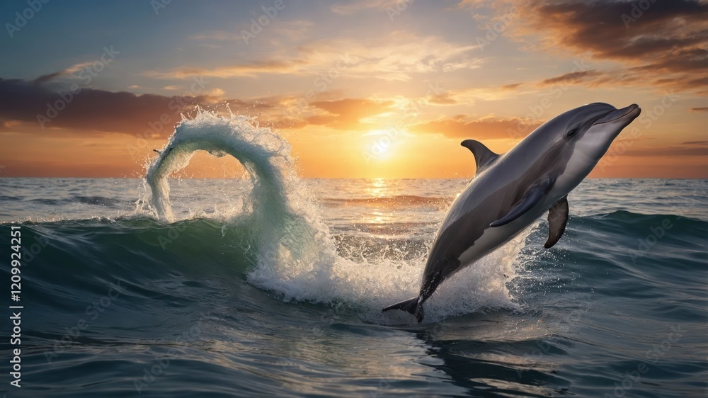 Obraz premium A dolphin leaps from the ocean waves at sunset, showcasing nature's beauty and grace.