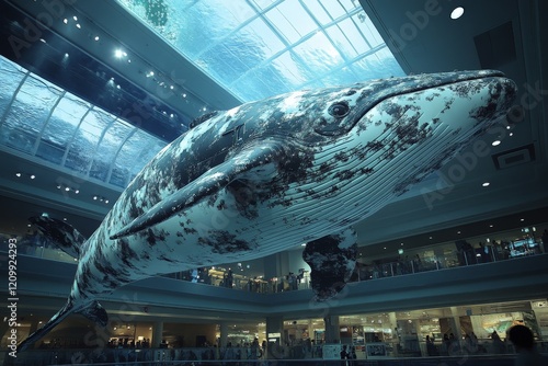 A gigantic whale sculpture is suspended in an interior space below a grand skylight, capturing the magnificence of marine creatures and modern design synergy. photo