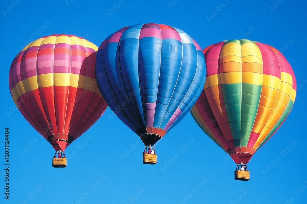 Obraz premium Three vibrant hot air balloons in red, blue, and green colors float majestically against a clear blue sky, showcasing the excitement of aerial adventures and exploration.