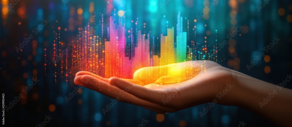 Vibrant Digital Data Visualization in Hand with Colorful Bar Graphs and Futuristic Technology Background Vibrant Digital Data Visualization in Hand with Colorful Bar Graphs and Futuristic Technology Background