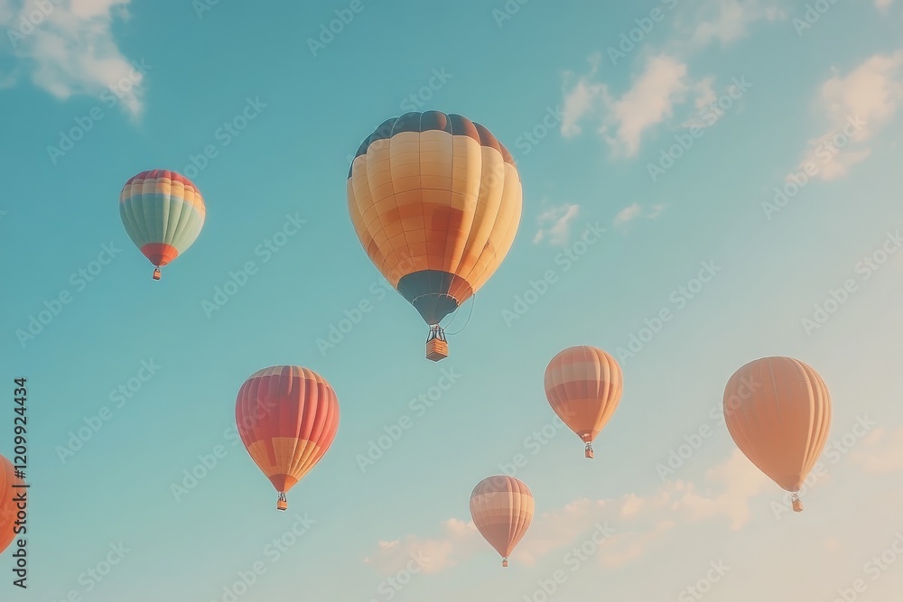 Obraz premium Several hot air balloons drift peacefully across a beautifully hued sky at sunset, embodying tranquility, dreams, and creativity in this stunning visual spectacle.
