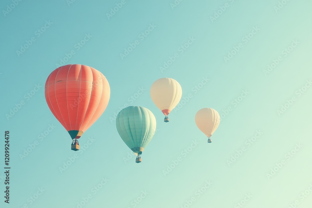 Naklejka premium Four elegantly simple hot air balloons gently ascend in a subtly tinted green sky, presenting a minimalist and serene scene evoking a sense of peace and tranquility.