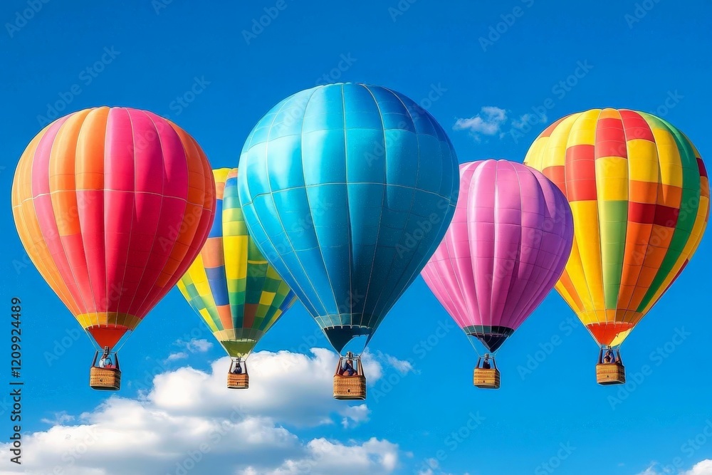Obraz premium Five vibrant hot air balloons soar through a blue sky, creating a joyful and colorful spectacle against fluffy white clouds below, evoking a sense of adventure.