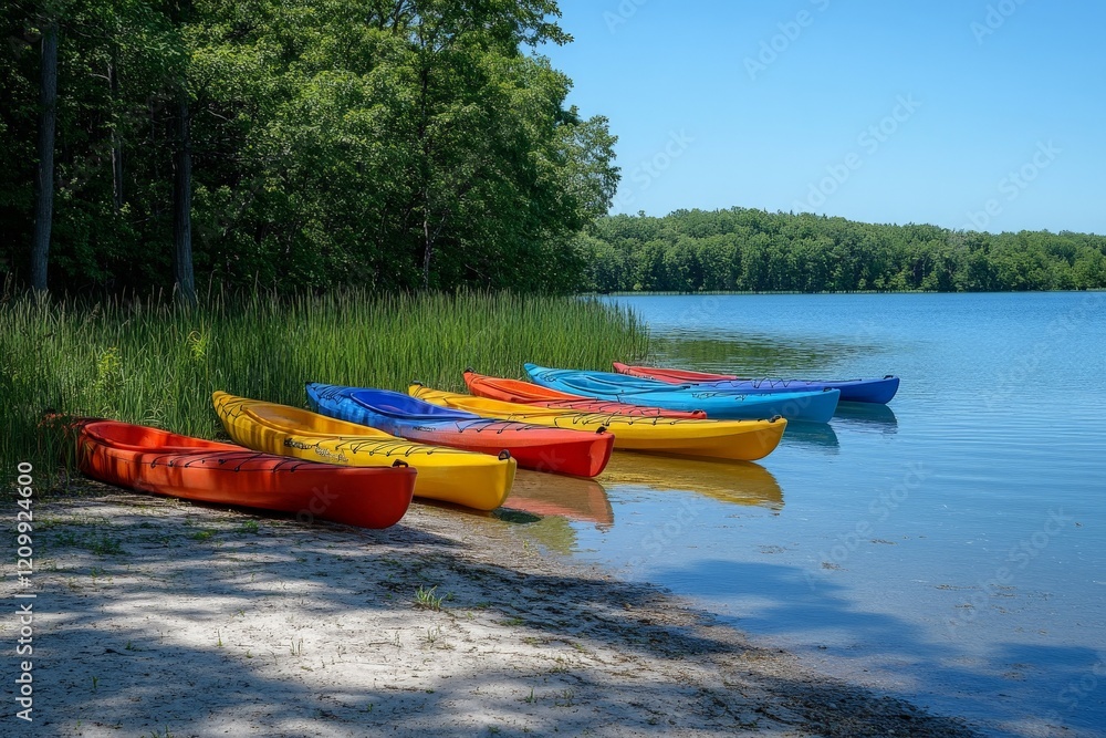 Several brightly colored kayaks rest on the calm sandy beach of a forest-lined lake, showcasing a vibrant contrast against the natural green scenery. Several brightly colored kayaks rest on the calm sandy beach of a forest-lined lake, showcasing a vibrant contrast against the natural green scenery.