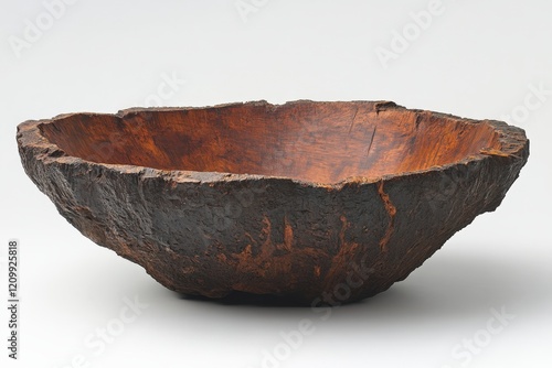 The image showcases an artisan wooden bowl with rugged edges and a primitive style, reflecting the beauty of nature's imperfections in design. photo