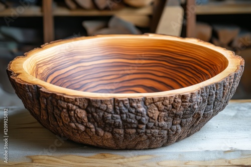 A large handcrafted wooden bowl featuring a smooth interior with natural wood grain and rustic bark texture, capturing a blend of nature and artistry. photo