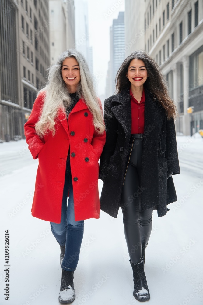 Fototapeta premium Two women in winter coats, one red and one black, walking down a snowy street. Scene is cheerful and lighthearted, as the women are smiling and posing for the camera