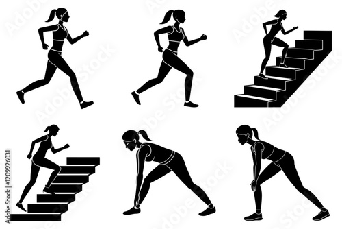 Woman fitness jogging silhouette bundle set on white background