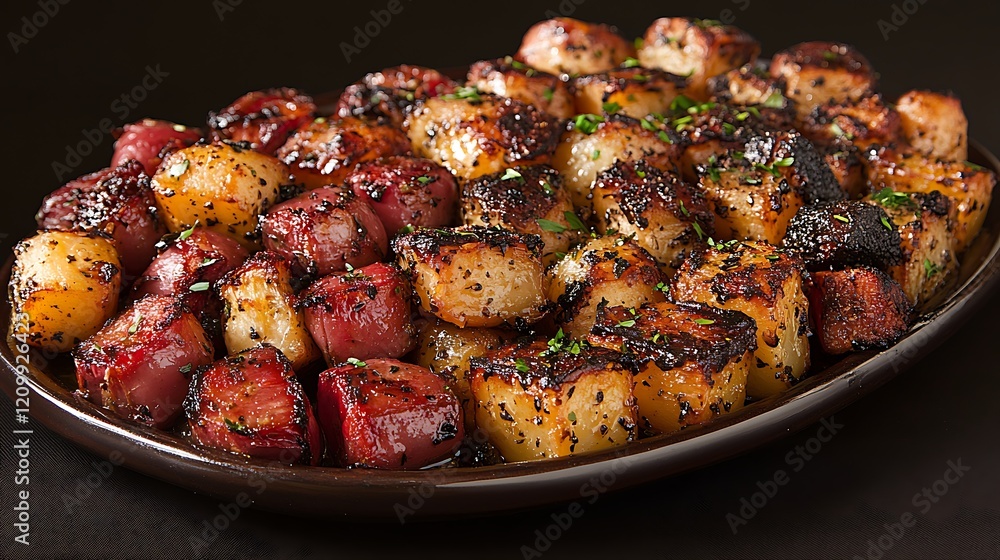 Roasted Potatoes and Smoked Sausage Platter: A mouthwatering platter of perfectly roasted potatoes and savory smoked sausage, seasoned to perfection and arranged for a visually appealing presentation.