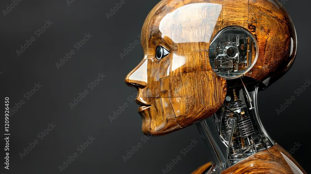 Wooden robot head showcasing intricate detailing and craftsmanship in a contemporary art display during a technology exhibition Wooden robot head showcasing intricate detailing and craftsmanship in a contemporary art display during a technology exhibition