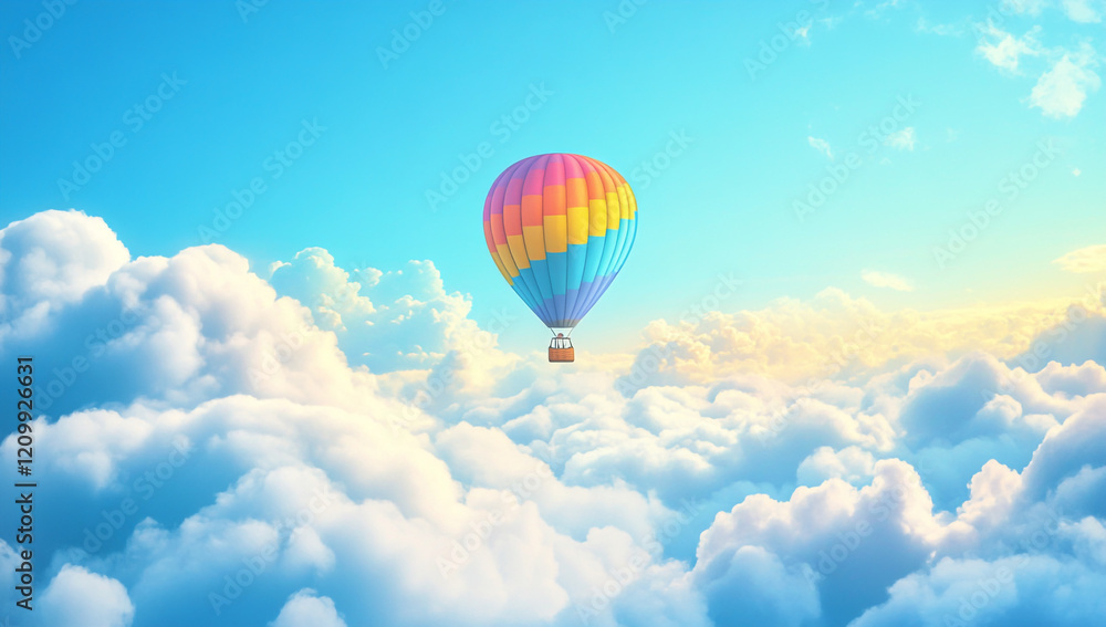 Fototapeta premium A colorful hot air balloon floating above the clouds, vector illustration, flat design, pastel colors, beautiful style, simple background