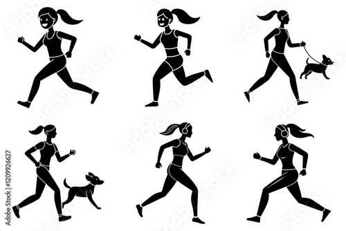 Woman fitness jogging silhouette set flat vector on white