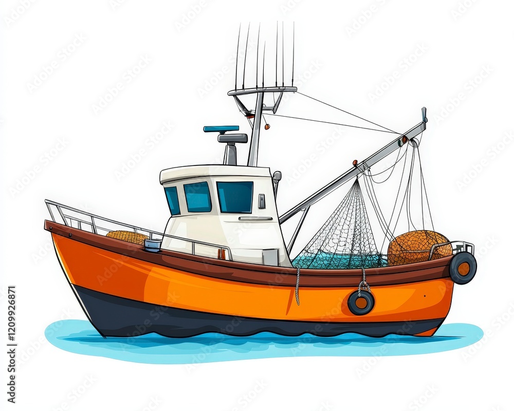 Naklejka premium Colorful Cartoon Fishing Boat with Nets and Buoys in Calm Water