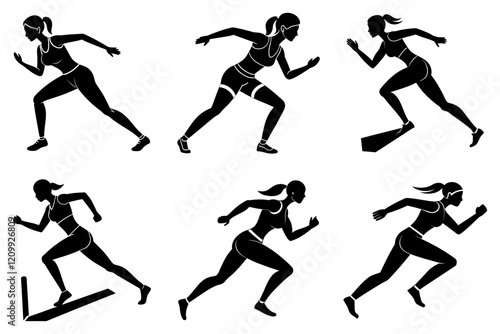 Woman fitness jogging silhouette bundle on isolated white background