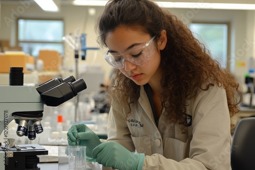 A young female researcher in a lab coat and goggles performs a scientific experiment using a microscope, indicating a blend of curiosity and concentrated study. photo