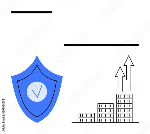 Blue shield with a checkmark next to bar graphs stacked upward with arrows indicating financial growth, progress, and safety. Ideal for finance, investment, protection, insurance, security