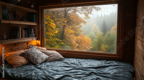 Comfortable wooden bedroom with a scenic view of a rainy forest outside the large window.