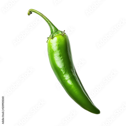 single green jalape?o pepper. showcasing its glossy skin and elongated shape against a plain white background this presentation emphasizes the pepper's vibrant color and texture. making it suitable fo photo