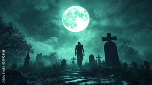 Zombie rising out of a grave in a spooky dark cemetery under a full moon on halloween night, eerie atmosphere for horror event or holiday celebration.


 photo