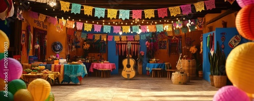 A lively Cinco de Mayo fiesta with mariachi music, dancing, and colorful decorations.
