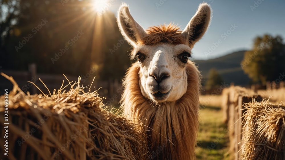 Obraz premium A close-up of a llama smiling in a sunny, rural setting with hay bales in the background.